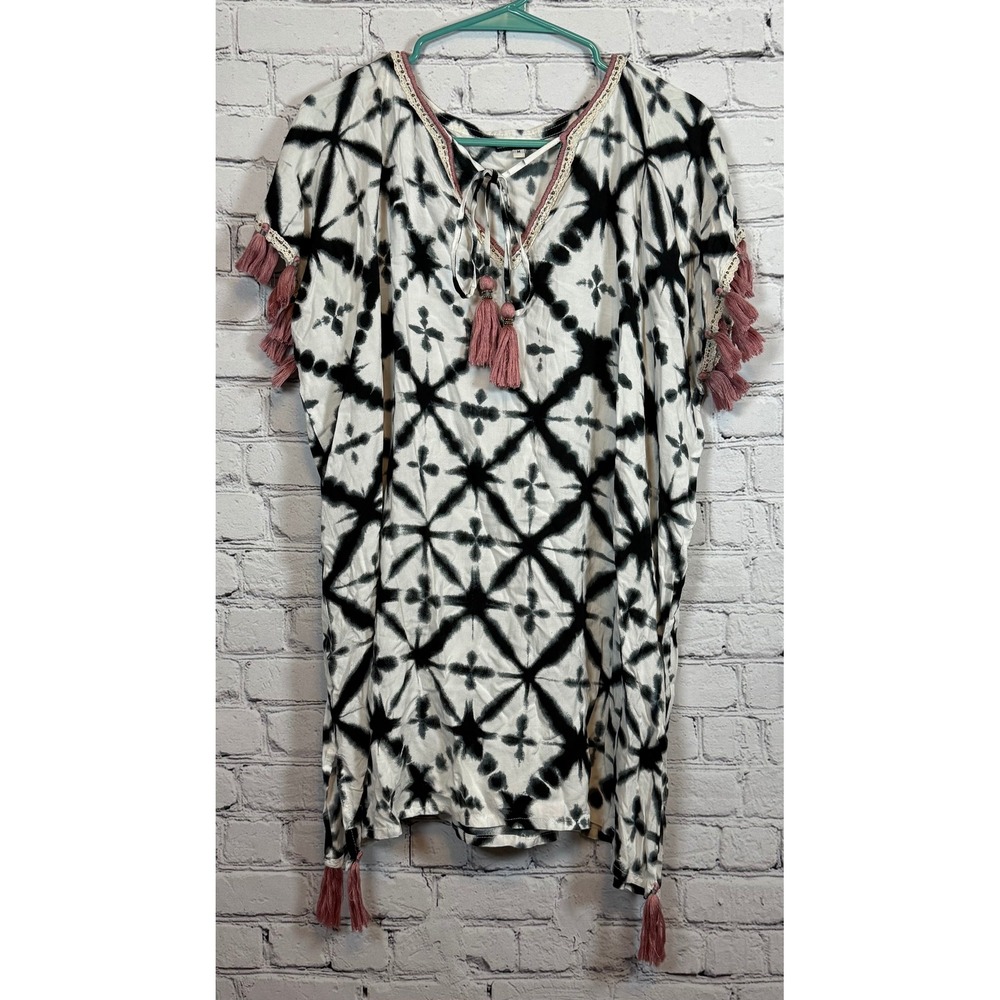 South‎ Moon Under Cover-Up Tunic Top Tassels Tie Dye Black White Medium